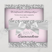 Zilveren Roze Glitter & Jewel Bow Quinceanera RSVP (Voorkant / Achterkant)