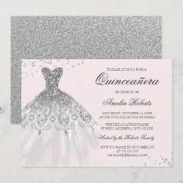 Zilveren Roze Glitter Jurk Quinceanera Uitnodiging