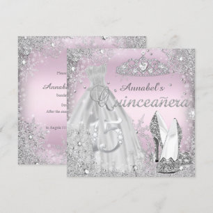 Zilveren Roze Glitter Jurk Tiara Quinceanera Kaart