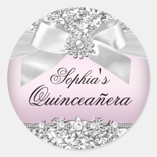 Zilveren Roze Glitter & Juweel Strik Sticker (Voorkant)