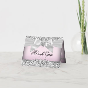 Zilveren Roze Glitter & Juwelen Boog Bedankkaart