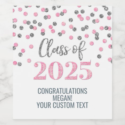 Zilveren Roze Glitter Klasse van 2025 Afstuderen Wijn Etiket (Enkel label)