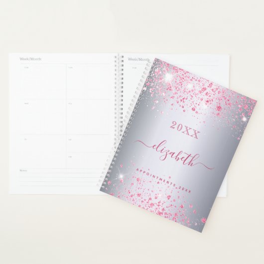 Zilveren roze glitter naam monogram script 2025 planner (Display)