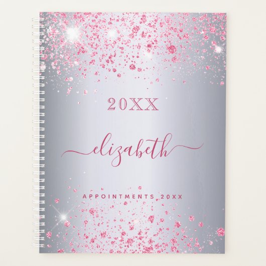 Zilveren roze glitter naam monogram script 2025 planner (Voorkant)