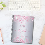 Zilveren roze glitter naam monogram script 2025 planner<br><div class="desc">Een faux zilveren ogende achtergrond versierd met roze faux glitter stof. Personaliseer en voeg jouw naam toe. De naam is geschreven met een modern handgeschreven stijlschrift met moerassen. Als u wilt dat de swashes alleen de voorbeeldnaam verwijderen,  laat u de spaties of emoji's voor en achter de naam staan.</div>