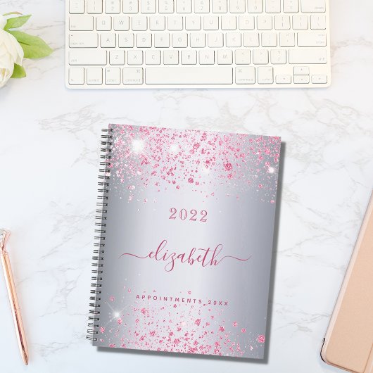Zilveren roze glitter naam monogram script 2025 planner