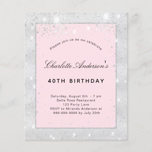 Zilveren roze glitter verjaardagsfeest op budget flyer (Voorkant)