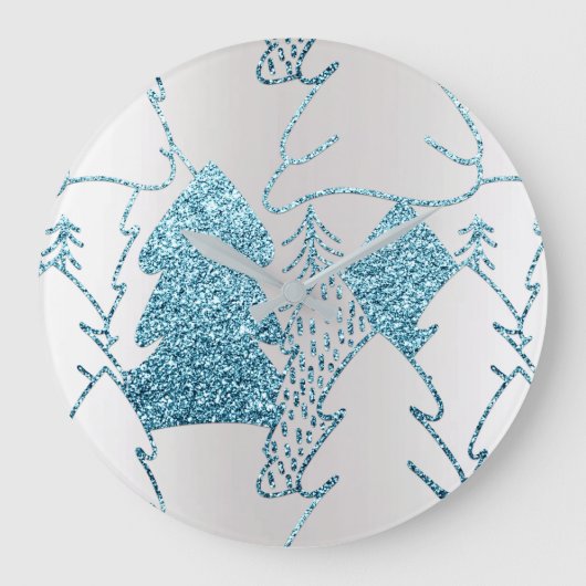 Zilveren Roze Glitter Winter Metallic Blue Feestda Grote Klok (Voorkant)