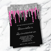 Zilveren Roze Glitterdruppels Zwarte Quinceañera
