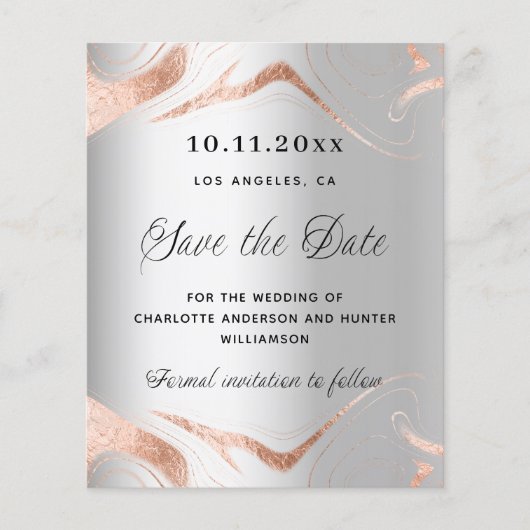 Zilveren roze goud QR budget bruiloft save the dat (Voorkant)