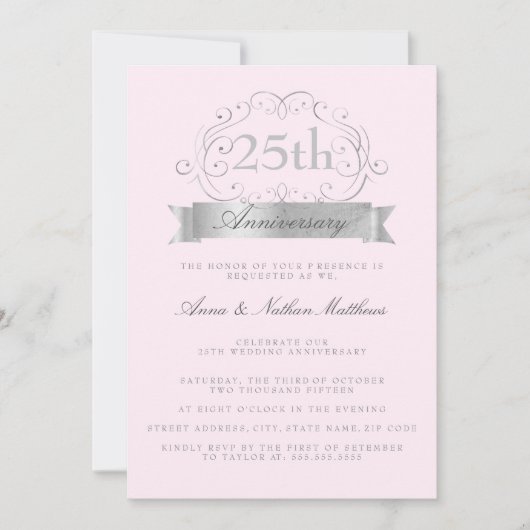 Zilveren & Roze Huwelijksjubileum Uitnodigingen 25 (Voorkant)