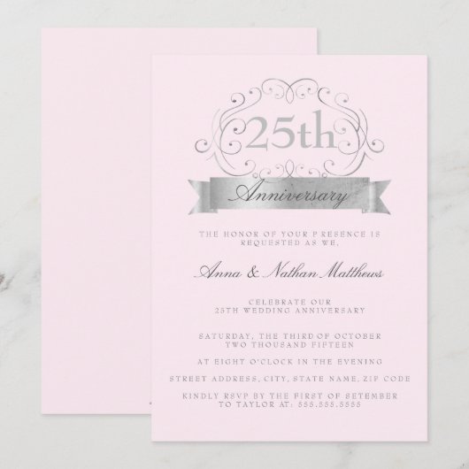 Zilveren & Roze Huwelijksjubileum Uitnodigingen 25 (Voorkant / Achterkant)