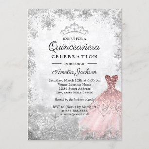 Zilveren Roze Jurk Sneeuwvlokken Winter Quinceaner Kaart