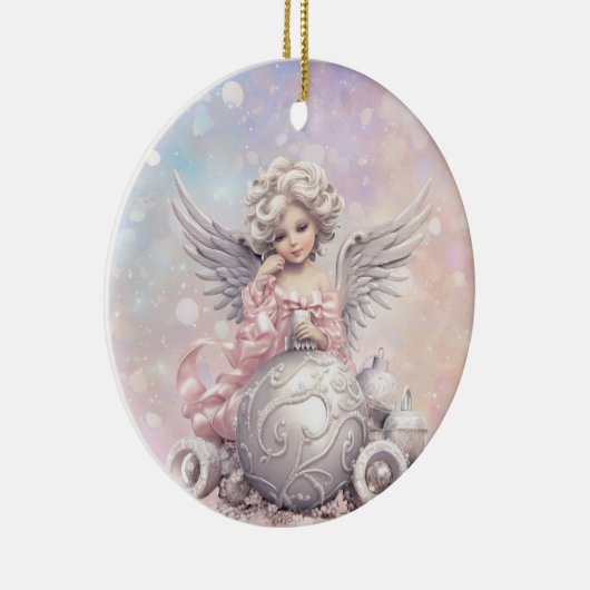 Zilveren Roze Kerst Engel Meisje Keramisch Ornament (Rechts)