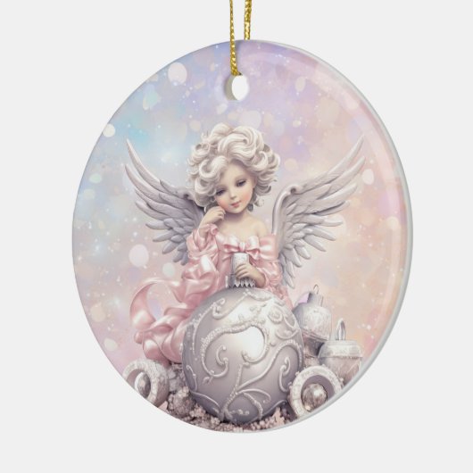 Zilveren Roze Kerst Engel Meisje Keramisch Ornament (Links)