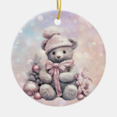 Zilveren Roze Kerstmis Teddy Bear Kleindochter Keramisch Ornament (Voorkant)