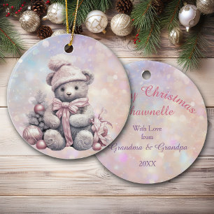 Zilveren Roze Kerstmis Teddy Bear Kleindochter Keramisch Ornament
