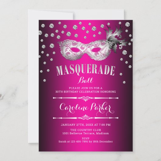 Zilveren Roze Masquerade Bal Verjaardagsfeest Kaart (Voorkant)