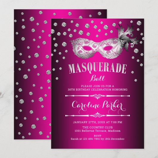 Zilveren Roze Masquerade Bal Verjaardagsfeest Kaart (Voorkant / Achterkant)