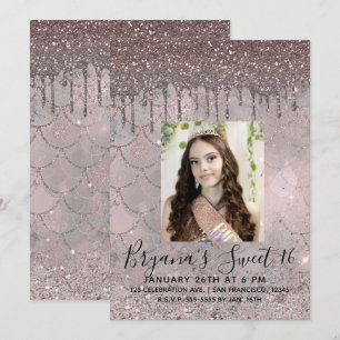 Zilveren Roze Roze Goud Glitter Drip Sweet 16 Foto Kaart