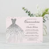 Zilveren Roze Sparkle Jurk Quinceanera Uitnodiging (Staand voorkant)