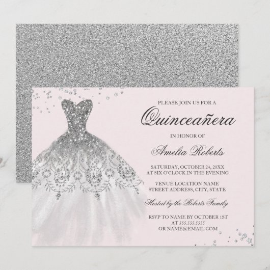 Zilveren Roze Sparkle Jurk Quinceanera Uitnodiging (Voorkant / Achterkant)