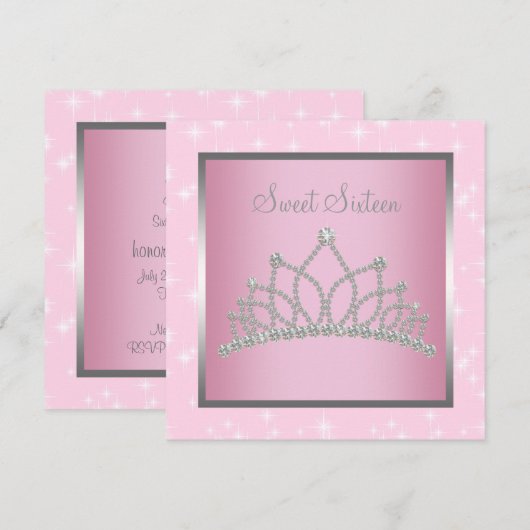 Zilveren Roze Sparkles Sweet Sixteen Birthday Part Kaart (Voorkant / Achterkant)