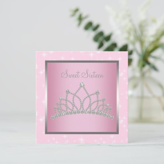 Zilveren Roze Sparkles Sweet Sixteen Birthday Part Kaart (Staand voorkant)