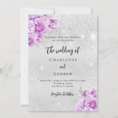 Zilveren roze violette bloemen bruiloft kaart (Voorkant)