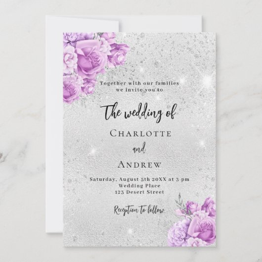 Zilveren roze violette bloemen bruiloft kaart (Voorkant)