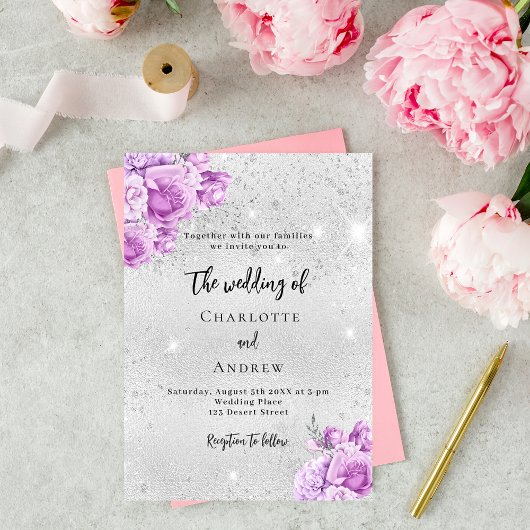 Zilveren roze violette bloemen bruiloft uitnodiging briefkaart
