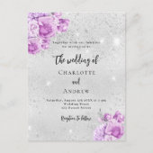 Zilveren roze violette bloemen bruiloft uitnodiging briefkaart (Voorkant)