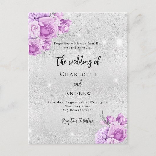 Zilveren roze violette bloemen bruiloft uitnodiging briefkaart (Voorkant)