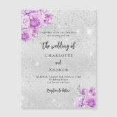 Zilveren roze violette bloemen luxe bruiloft magnetische uitnodiging (Voorkant)