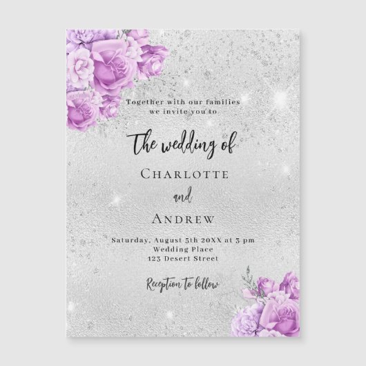 Zilveren roze violette bloemen luxe bruiloft magnetische uitnodiging (Voorkant)