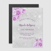Zilveren roze violette bloemen luxe verjaardag magnetische uitnodiging (Voorkant / Achterkant)