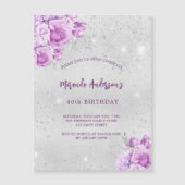 Zilveren roze violette bloemen luxe verjaardag magnetische uitnodiging (Voorkant)