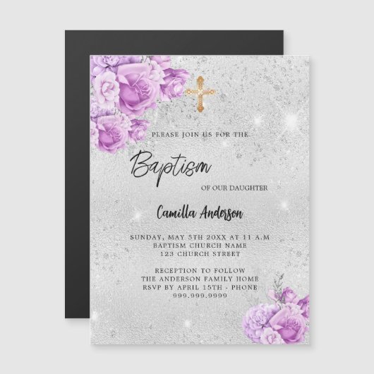 Zilveren roze violette bloemen meisje luxe doop magnetische uitnodiging (Voorkant / Achterkant)