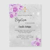 Zilveren roze violette bloemen meisje luxe doop magnetische uitnodiging (Voorkant)