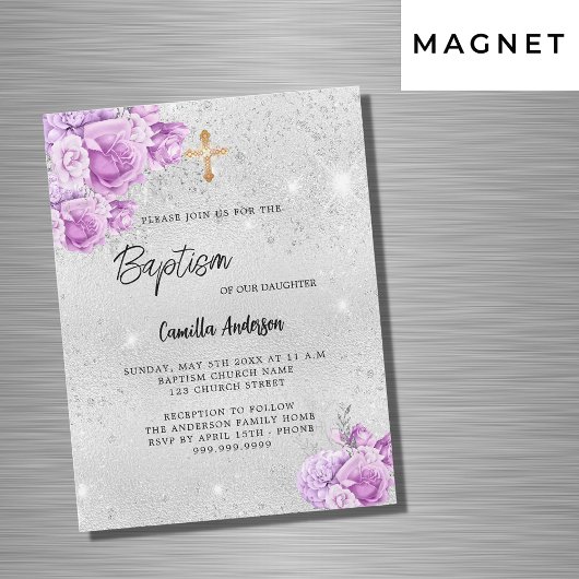 Zilveren roze violette bloemen meisje luxe doop magnetische uitnodiging