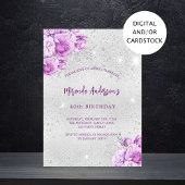 Zilveren roze violette bloemen verjaardag kaart