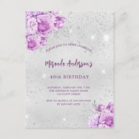 Zilveren roze violette bloemen verjaardag uitnodiging briefkaart (Voorkant)