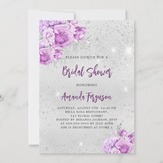 Zilveren roze violette bloemen Vrijgezellenfeest Kaart (Voorkant)