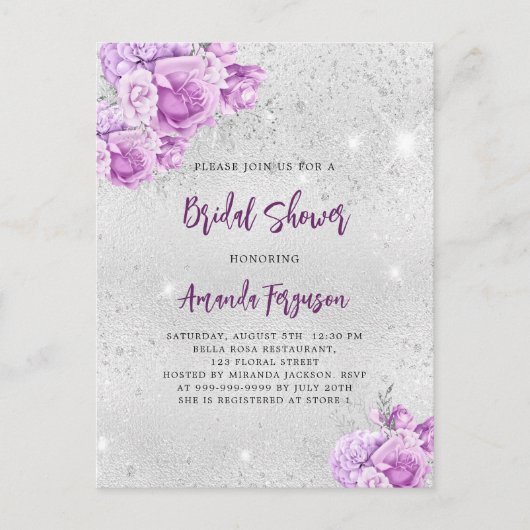Zilveren roze violette bloemen Vrijgezellenfeest Uitnodiging Briefkaart (Voorkant)