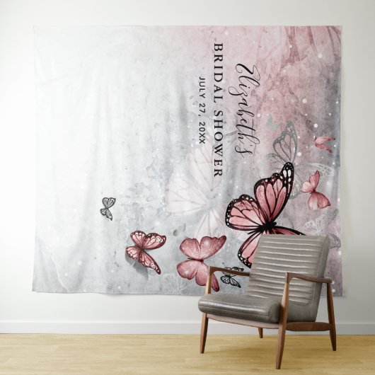 Zilveren Roze Vlinder Foto Achtergrond Wandtapijte Wandkleed (In Situ (horizontaal))