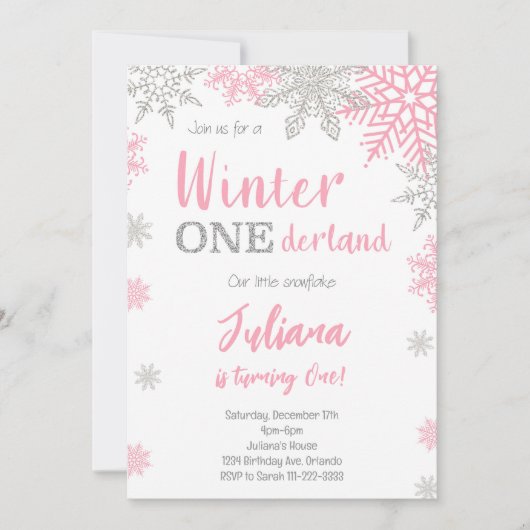 Zilveren Roze Winter Wonderland 1e Verjaardag Uitn Kaart (Voorkant)