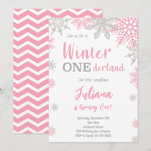 Zilveren Roze Winter Wonderland 1e Verjaardag Uitn Kaart (Voorkant / Achterkant)