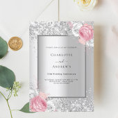 Zilveren roze witte bloemen 25e trouwdag kaart