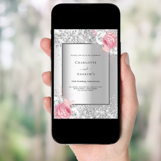 Zilveren roze witte bloemen 25e trouwdag kaart