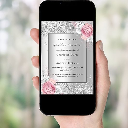 Zilveren roze witte bloemenluxe bruiloft receptie kaart